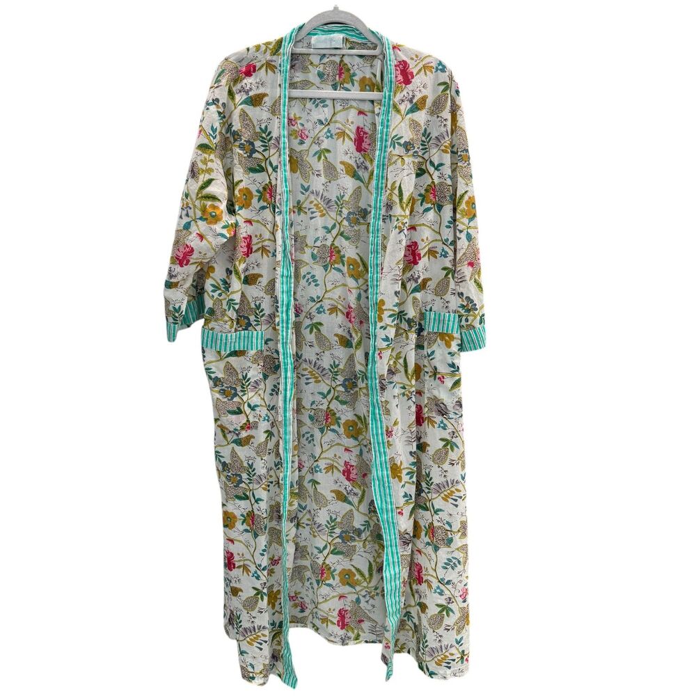 Powell Craft Long 100% Cotton Kimono Front Pockets Floral Print Coverall Robe